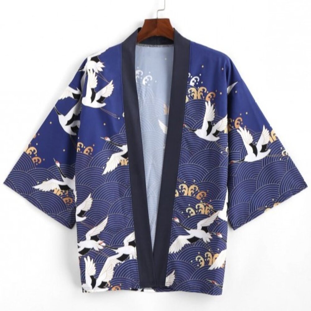 Flying Crane Sea Waves Print Open Front Kimono Cardigan, Lapis Blue S-3XL